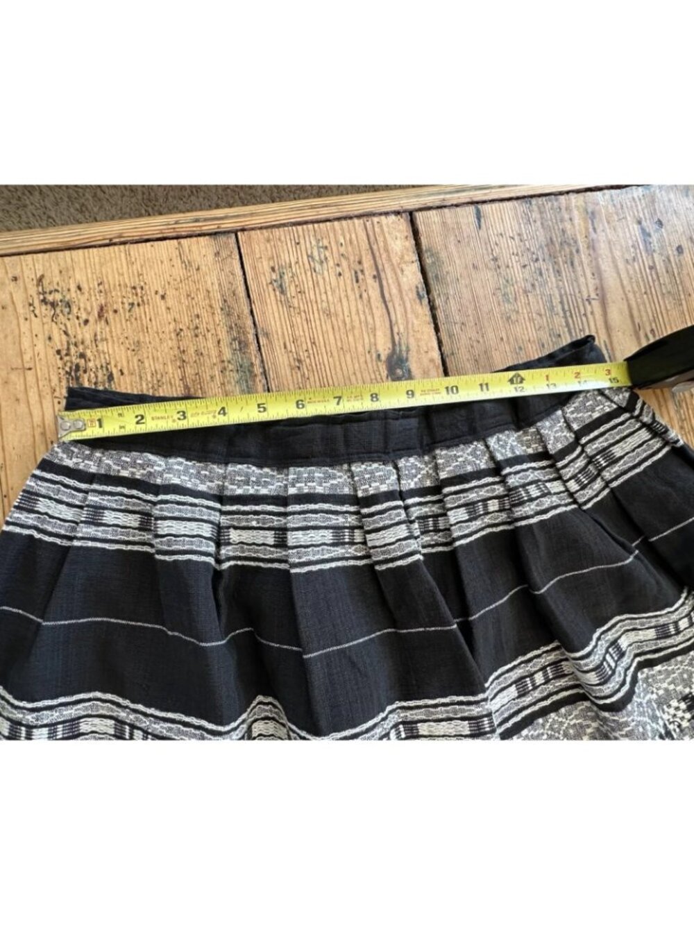 Black White Woven Knee-Length A-Line Skirt Striped Ethnic Pattern Pleated - Picture 8 of 8